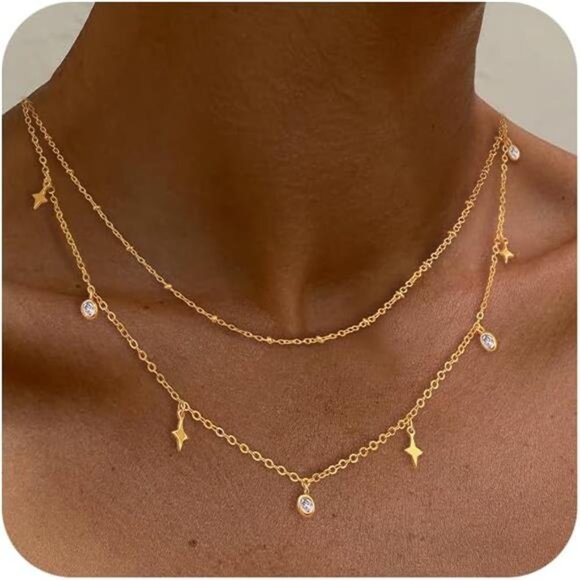Layered Satellite Chain Necklace – Dainty Zirconia Pendant, Two-Piece Set - Picture 1 of 5